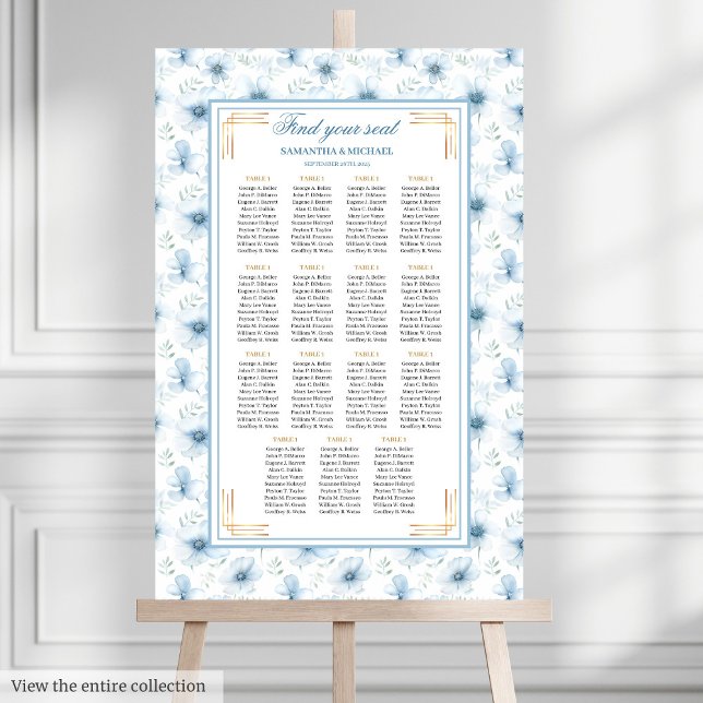 Modern Boho Pastel Blue Guld Glitter-sätesdiagram Poster (Modern Boho Pastel Blue Gold Glitter Seating Chart)