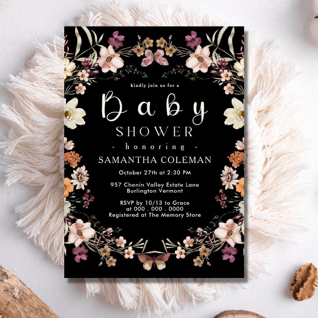 Modern Boho Pastel Wildblomme Black Baby Shower Inbjudningar (Skapare uppladdad)