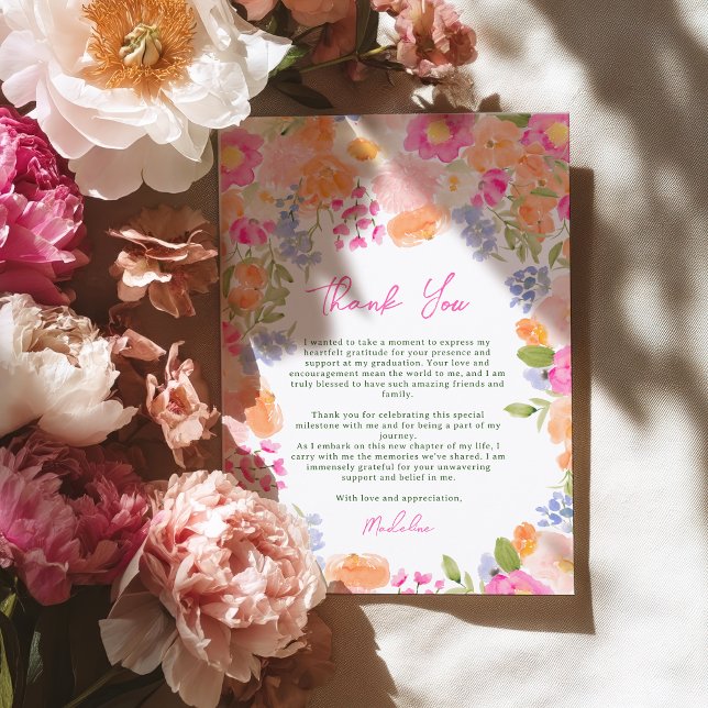 Modern Boho Peach och Rosa Blommigt Studenten Tack Kort (Modern Boho Peach and Pink Floral Graduation Thank You Card)