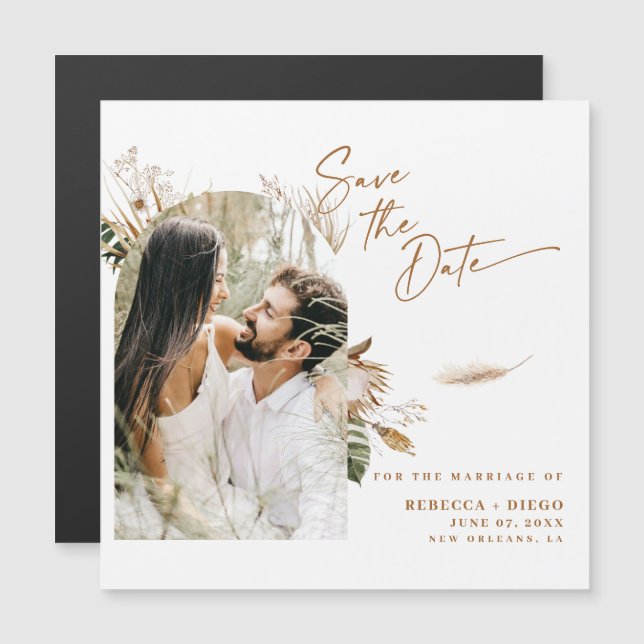 Modern Boho Photo Save Date Magnetic Card (Fram/baksida)