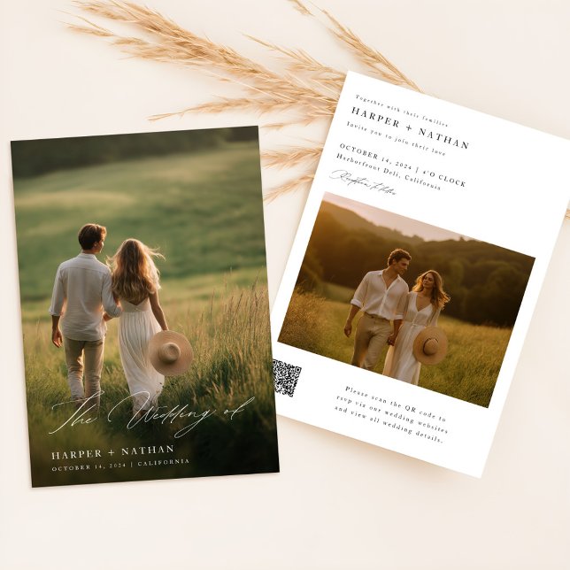 Modern Boho QR CODE Simple 2 Photo Bröllop Inbjudningar (Skapare uppladdad)