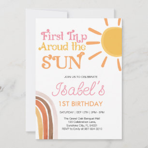 Modern Boho Rainbow Första födelsedag,rosa 1:a föd Inbjudningar