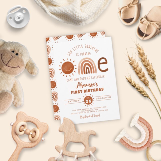 Modern Boho Rainbow Little Sunshine First Birthday Inbjudningar (Skapare uppladdad)