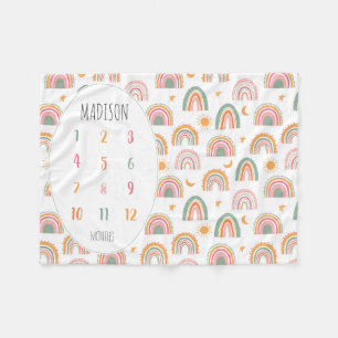 Modern Boho Rainbow Stars Måne Sol Baby milstolpe Fleecefilt