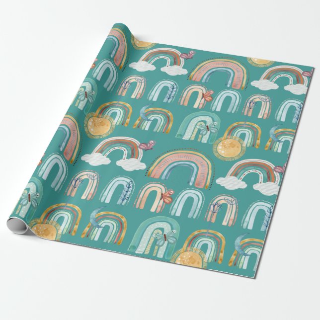 Modern Boho Rainbow Teal Terracotta Mustard Rosa Presentpapper (Utrullad)