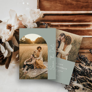 Modern Boho Ram Sage Bröllop Photo Spara Datumet