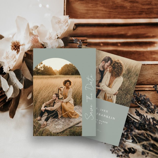 Modern Boho Ram Sage Bröllop Photo Spara Datumet (Skapare uppladdad)