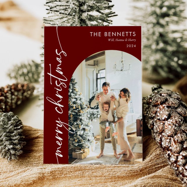 Modern Boho Red God jul Arch Photo Julkort (Skapare uppladdad)