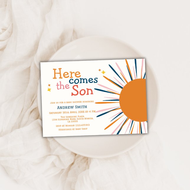 Modern Boho Retro här kommer hit. Inbjudningar (Modern Boho Retro Here Comes The Son Baby Shower Invitation)