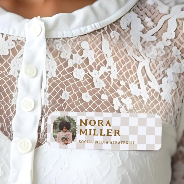 Modern Boho Retro Vintage Rutig Mönster Foto Namnbricka (Modern Boho Retro Vintage Checkered Pattern Photo Name Tag)