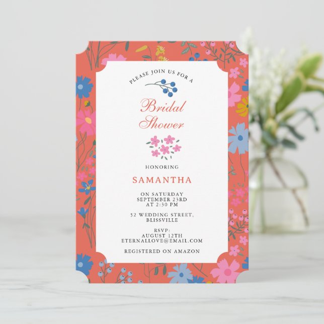 Modern Boho Röd Blommig Bröllopsdusch Inbjudningar (Stående Fram)