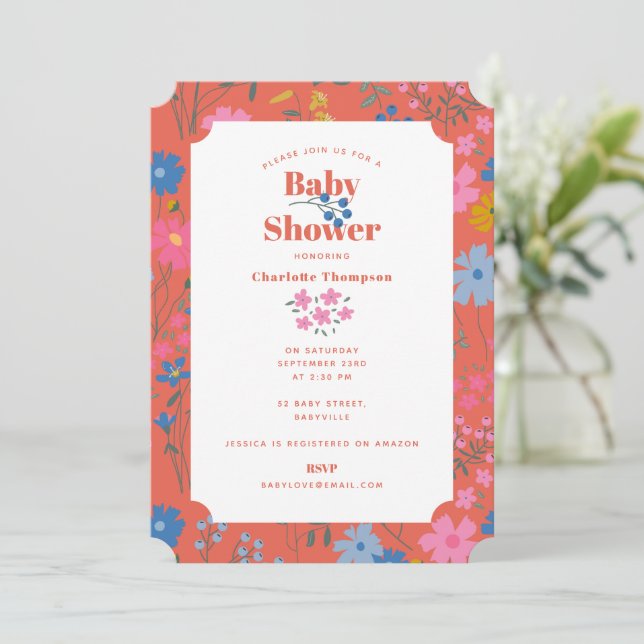 Modern Boho Röd Blommig Vilda Blommor Barnkalas Inbjudningar (Stående Fram)