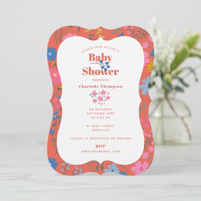 Modern Boho Röd Blommig Vilda Blommor Barnkalas Inbjudningar (Stående Fram)