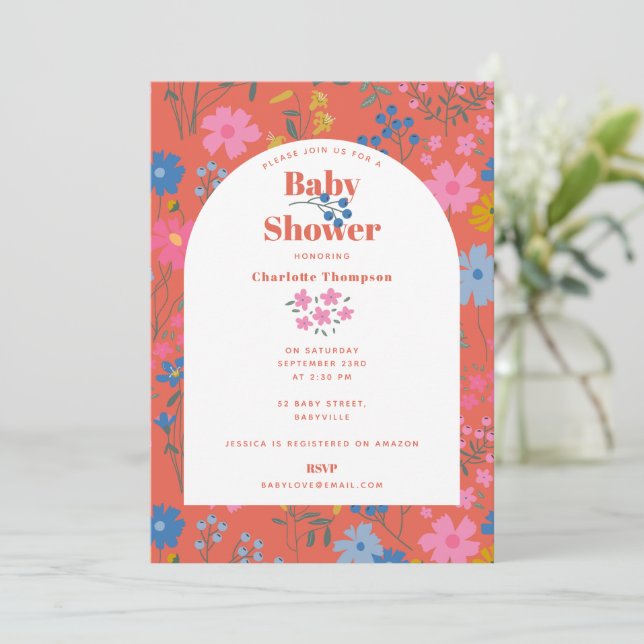 Modern Boho Röd Blommig Vilda Blommor Barnkalas Inbjudningar (Stående Fram)