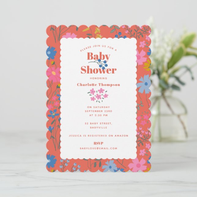Modern Boho Röd Blommig Vildblommor Barnkalas Inbjudningar (Stående Fram)