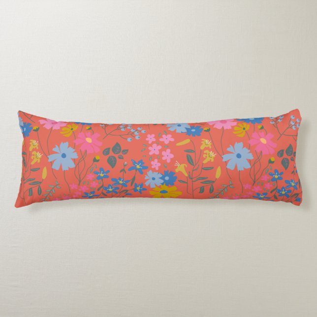 Modern Boho Röd Blommig Vildblommor Kroppskudde (Framsidan)