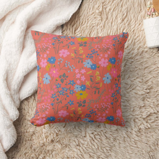 Modern Boho Röd Blommig Vildblommor Kudde (Filt)