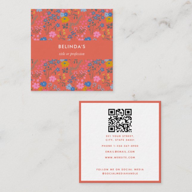 Modern Boho Röd Blommig Vildblommor QR-kod Fyrkantigt Visitkort (Fram/baksida)