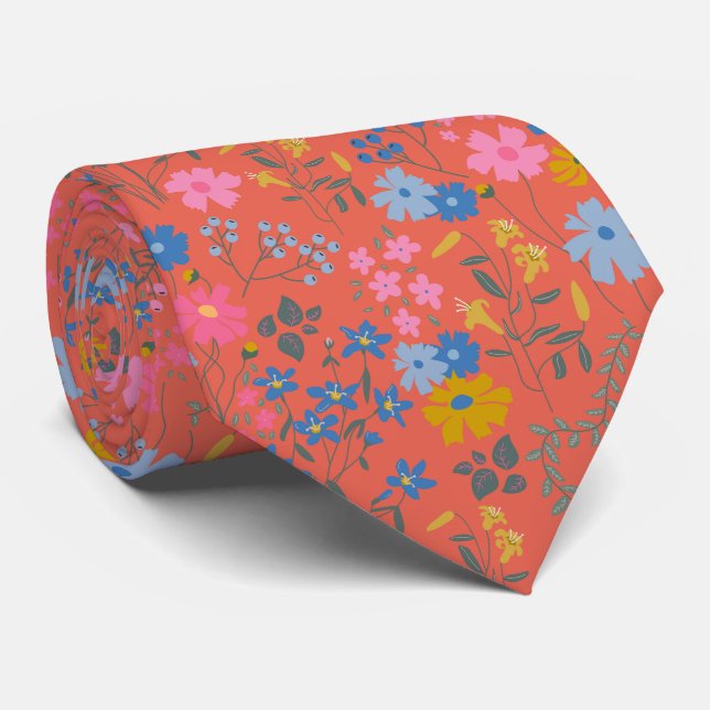 Modern Boho Röd Blommig Vildblommor Slips (Rullad)