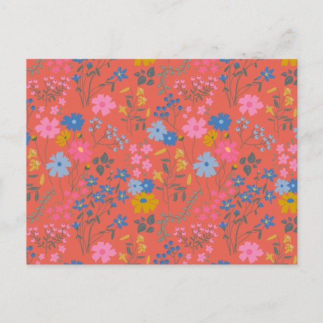 Modern Boho Röd Blommig Vildblommor Vykort (Framsida)