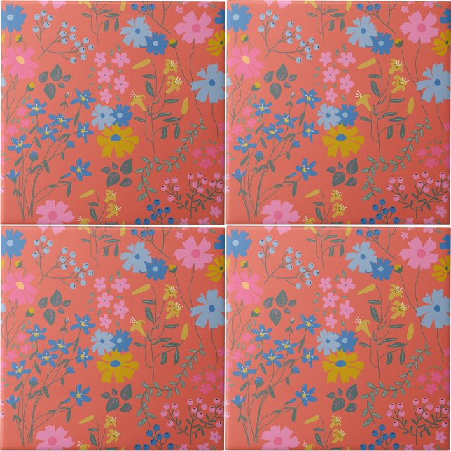 Modern Boho Röd Blommönster Kakelplatta (Modern Boho Red Floral Pattern Ceramic Tile)