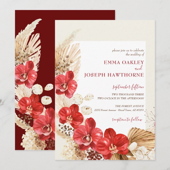 Modern boho röd orchid fall personligt bröllp inbj inbjudningar (Fram/baksida)
