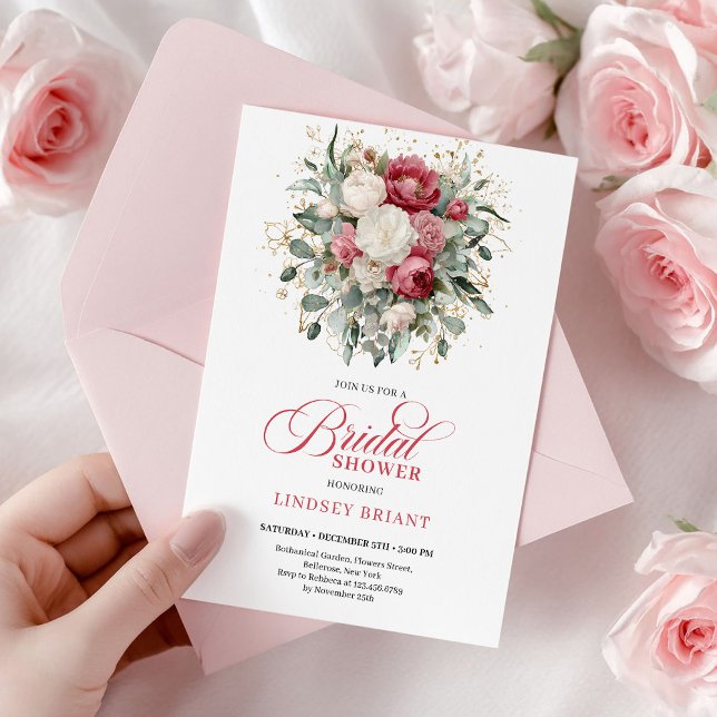 Modern Boho Röd Rosenskift Grönska Guld Bröllopsfe Inbjudningar (Modern Boho Red Blush Greenery Bridal Shower Invite

)