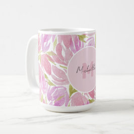 Modern Boho Rosa Akvarellblommor Monogram Kaffemugg