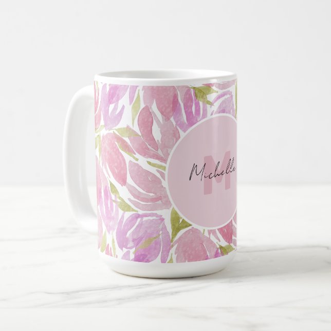 Modern Boho Rosa Akvarellblommor Monogram Kaffemugg (Framsida vänster)