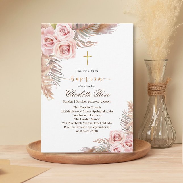 Modern Boho Rosa Blommigt Baptism-inbjudan Inbjudningar (Skapare uppladdad)