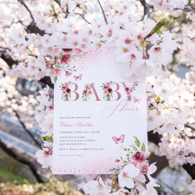 Modern Boho Rosa Blommigt Butterfly Girl Baby Show Inbjudningar (Skapare uppladdad)