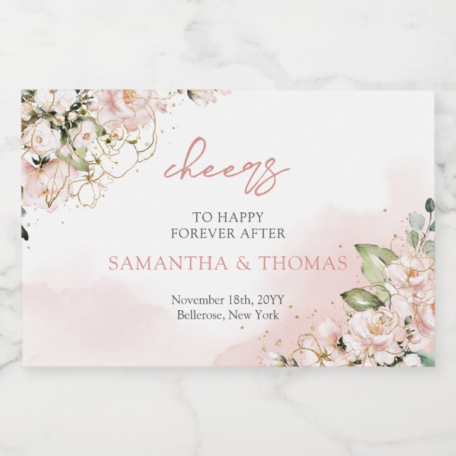 Modern Boho  rosa blommigt guld-gnistor (Enkel etikett)