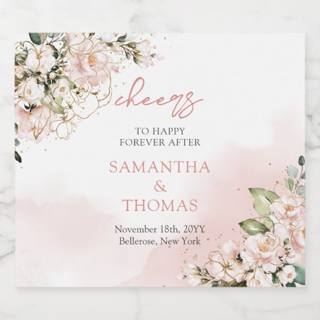 Modern Boho  rosa blommigt guld-gnistor (Enkel etikett)