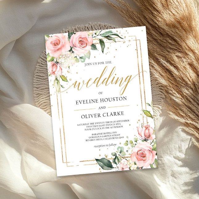 Modern Boho  rosa blommigt guld ram bröllop Inbjudningar (Modern Boho blush pink floral gold frame wedding Invitation)