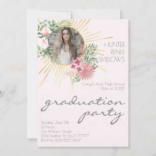 Modern Boho Rosa Blommigt Photo Studenten Inbjudningar