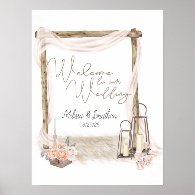Modern Boho Rosa Elegant Blommigt Bröllop Poster (Framsidan)