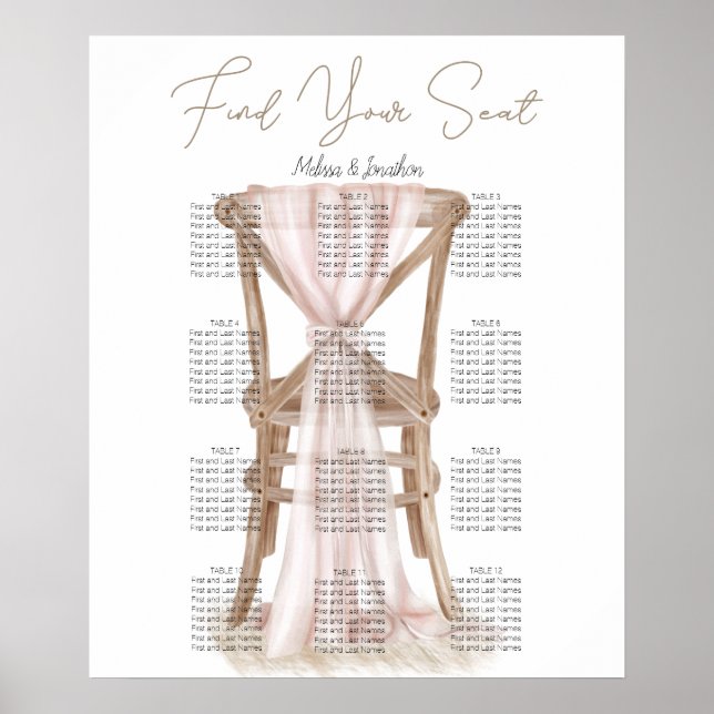 Modern Boho Rosa Elegant Bröllopsplatskarta Poster (Framsidan)