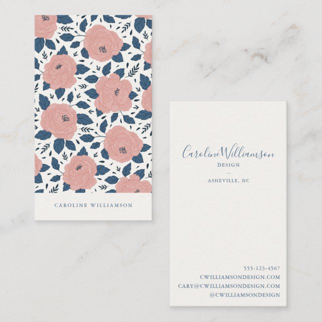 Modern Boho Rosa Marinblå Botaniska Blommor Visitkort (Fram/baksida)