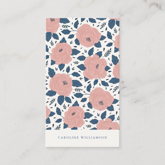 Modern Boho Rosa Navy Blue Botanical Flowers Visitkort (Framsida)
