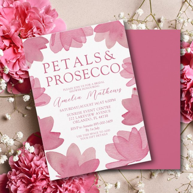 Modern Boho Rosa Watercolor Petals & Prosecco Inbjudningar (Skapare uppladdad)