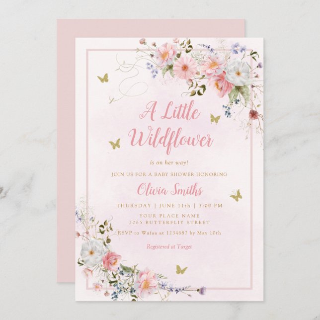 Modern Boho  Rosa WildblommGirl Baby Shower Inbjudningar (Fram/baksida)