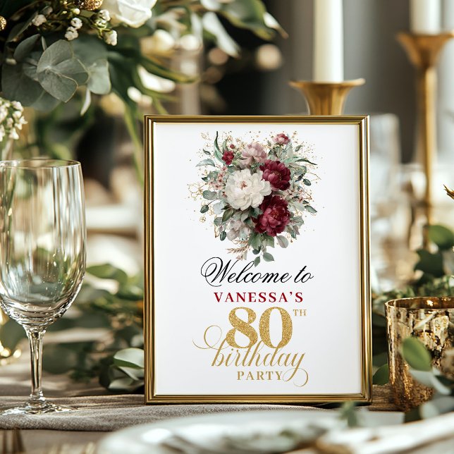 Modern boho rosaburgunder 80-årsdag 8x10 skylt (Modern boho blush burgundy 80th birthday 8x10 welcome sign)