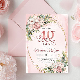 Modern Boho Rose Gold Blommor 40-års Födelsedagsin Inbjudningar