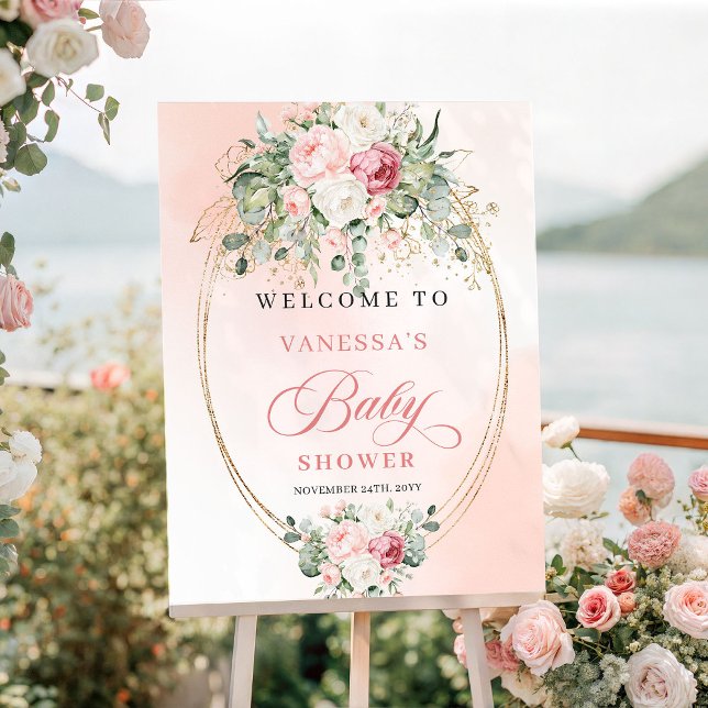 Modern Boho Rosé Rosa Bebis Shower Välkomstaffisch Poster (Modern Boho Blush Roses Baby Shower Welcome Poster

)