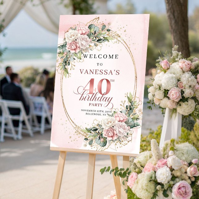 Modern Boho Rosenskär Grönska 40-års Födelsedagsvä Poster (Modern Boho Blush Pink Greenery 40th Birthday Welcome)