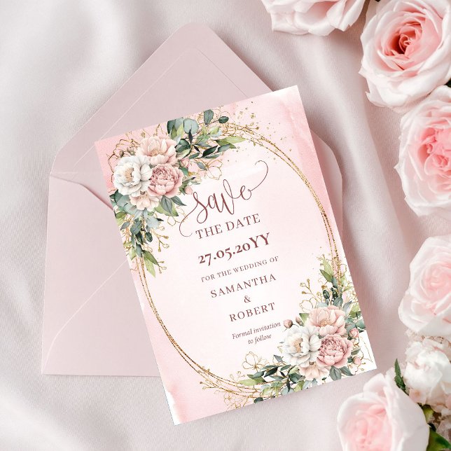 Modern Boho Rosenskär Grönska Spara Datum Datumet (Modern Boho Blush Pink Greenery Save The Date)