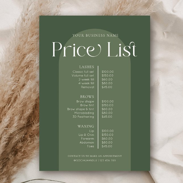Modern Boho Sage Grönt Hair Nagel Salon Pris List (Trendy Boho Price List in Sage Green with modern display fonts and elegant layout)