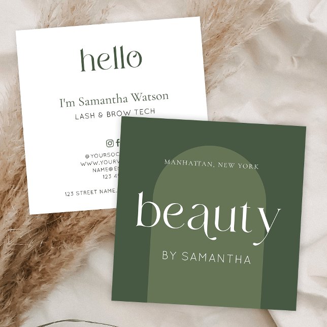 Modern Boho Sage Grönt Lash Brows Beautician Fyrkantigt Visitkort (Modern beauty salon business cards in boho sage green aesthetic with trendy display fonts)