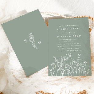 Modern Boho Sage Grönt Wildblomma Bröllop Inbjudningar