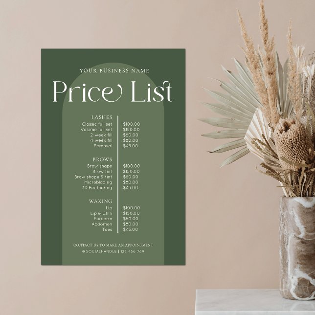 Modern Boho Sagegrön Hår Nagelsalong Prislista Poster (Trendy sage green arch business price list poster with modern display fonts )